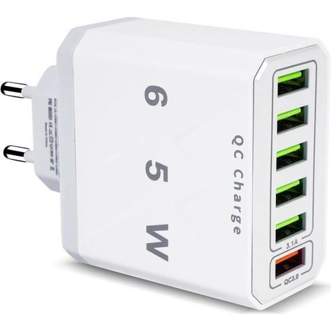 Chargeur , 65W 6 Port Prise Chargeur Rapide QC 3.0 Fast Charger, Multiple Secteur Prise USB, Adaptateur Secteur pour 15 Pro Max (1/5)