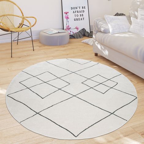 Paco Home Teppich Wohnzimmer Modernes Skandi Rauten Muster Kurzflor Hell In Weiß Ø 120 cm Rund