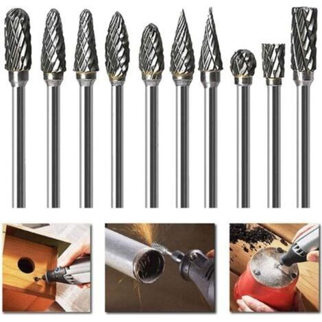10 pcs Double Coupe de Tungstène Burres Rotatives en Carbure Massif En Acier Set 3mm Queue Foret de Torsion de Tiges Pour Outils Rotatifs Dremel (1/4)