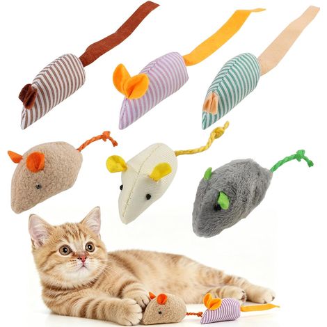 6 Pièces Souris en Peluche pour Chat, Jouets Souris avec Longue Queue pour Stimuler l'Instinct de Chasse, Jouets Doux à l'herbe à Chat, Set de Jouets Interactifs pour Chat (1/5)