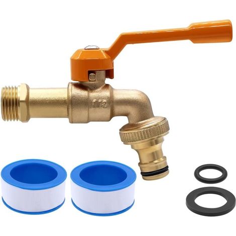 Robinet de jardin en laiton 1/2" - Résistant au gel - 20 °C - Résistant à la chaleur - 120 °C - Avec raccords de tuyau - Jaune (1/4)