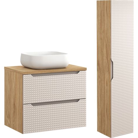 Waschtisch und Hängesäule 70cm Mallory mit 2 Schubladen, Beige und Holzoptik