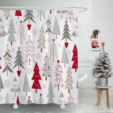 Rideau De Douche De Noël - Arbre De Noël Et Flocon De Neige - Rouge Et Gris - Tissu Imperméable - Lavable En Machine - 72 X 72 Pouces (1/4)