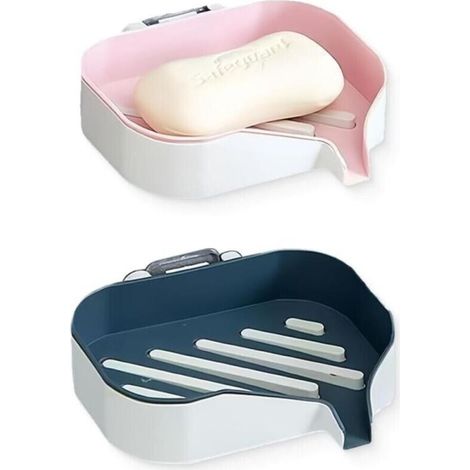Porte-Savon avec écoulement, 2 Pièces Porte-Savon pour Salle de Bain, Porte-savon Sans Perçage Douche, Boîte à Savon Amovible (1/4)