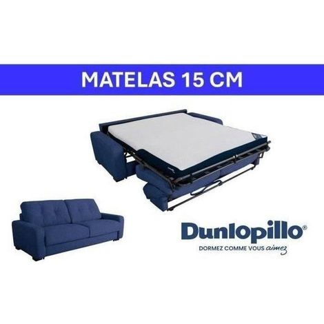 Canapé convertible express - 3 places - SOA - Tissu gauffré - Saphir - Matelas 15 cm - 215 x 100 x 91 cm - DUNLOPILLO