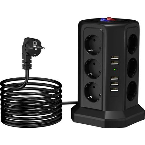 Multiprise 17 en 1 avec 5 USB, multiprise avec interrupteur, tour de prise 12 prises et rallonge de , pour bureau, cuisine, table (noir) (1/5)