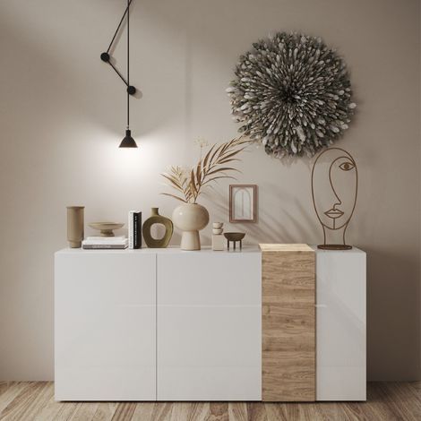 Buffet bas moderne blanc et bois 3 portes SIA (1/5)