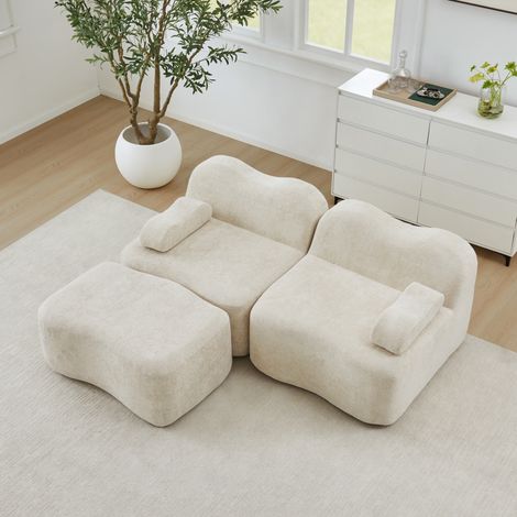 Canapé d'angle modulaire 192x167x70 cm beige en velours avec ottomane, forme ondulée et sans montage (1/5)