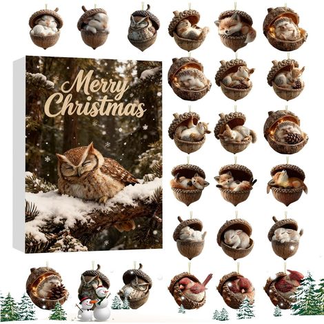 Calendrier de l'Avent de Noël Décorations Plates 2D D'Animaux En Glands Compte À Rebours Noël Avec Ornements Animaux Pour Adultes Porte Cuisine Fêtes Cheminée Voiture Sac (1/5)