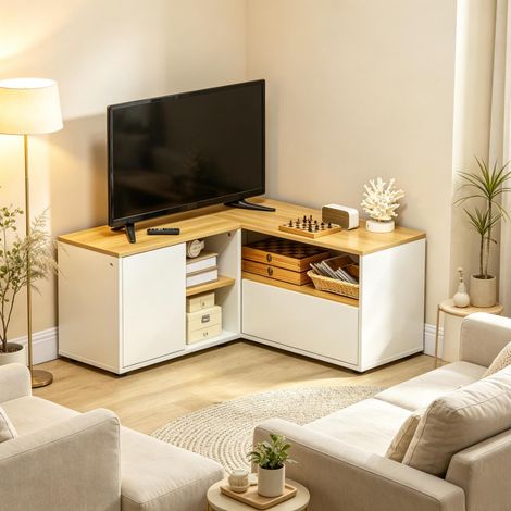 Meuble TV d'angle banc télévision jusqu'à 40 pouces avec rangements aspect bois clair et blanc (1/5)
