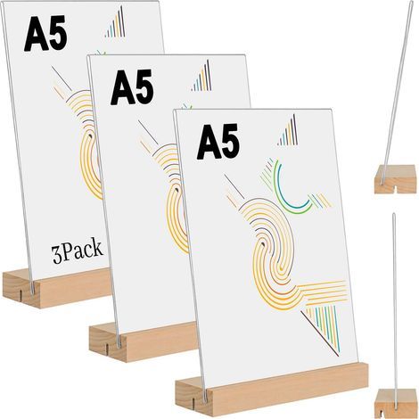 Lot de 3 Pésentois de Table A5 en Acylique Tanspaent avec Base en Bois-Pote-Affiche/Panneau Publicitaie pou Menus,Photos, Publicité- Suppot Plexi Double Fente (Debout/Incliné) (1/4)