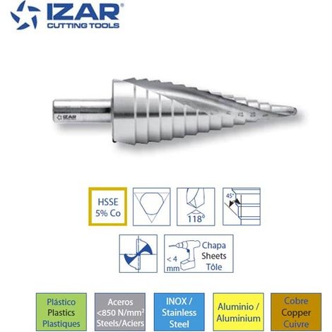 foret étagé spirale HSSE 5%Co inox Izar capacités de 4 à 30 mm 4-12 mm