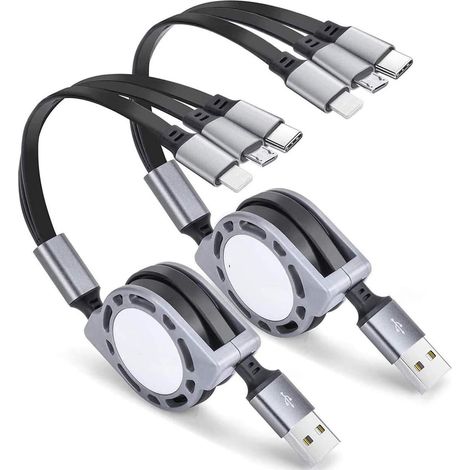 Cable De Chargement Rétractable 3-en-1 - Micro-USB USB-C iOS - 1 2 M - 3 A - Pour Smartphones Tablettes - 2 Pièces (1/5)