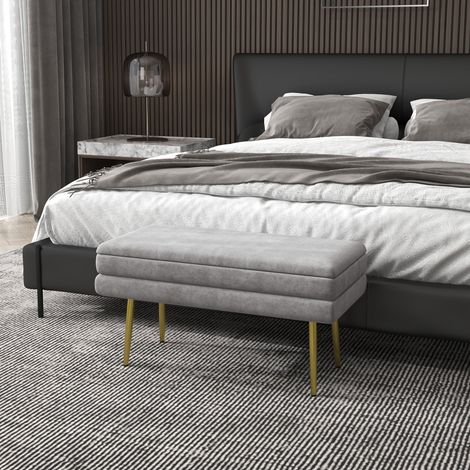 Banc banquette coffre de rangement 2 en 1 assise aspect velours et pieds acier - 79,5L x 37,5P x 43H cm gris et doré