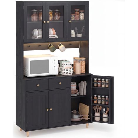 Bealife 98x38x180cm Credenza Cucina con Presa, Cassetti, Nera (1/5)
