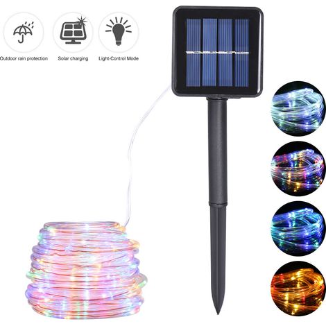 Guirlande lumineuse solaire tubulaire à économie d'énergie de 12 m, 100 LED, 8 fonctions, tube transparent, fil de cuivre, étanche, décoration extérieure. (1/5)