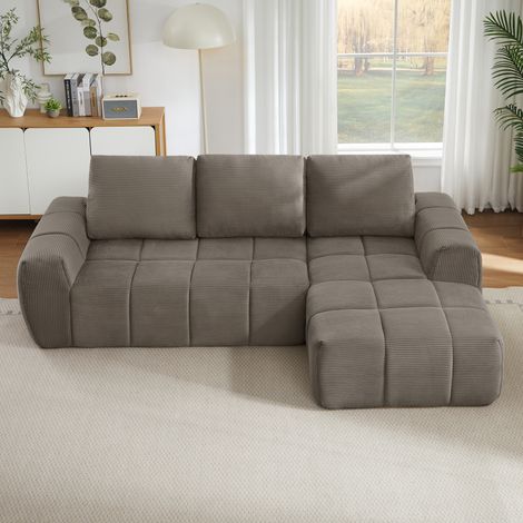 Komprimiertes L-förmiges Ecksofa mit abnehmbaren Kissen, ohne Montage, in Cordvelours grau (1/5)