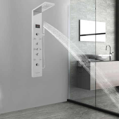 Panneau de douche LED 6 en 1, panneaux de douche, système de douche en acier inoxydable 304 avec affichage LCD de la température, douche cascade et pluie, douchette à main, bec de baignoire, argent