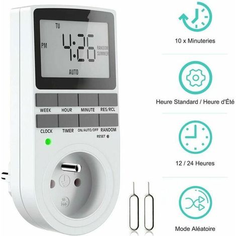 Prise programmable – Minuterie hebdomadaire, écran LCD – 12/24 h, 7 jours – Économie d'énergie pour électroménager et éclairage (1/4)