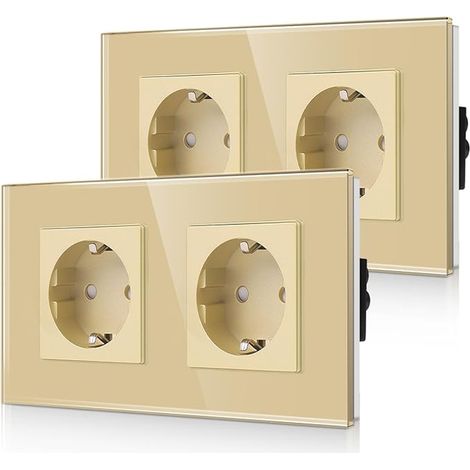 Set of 2 double sockets in gold glass - double Schuko socket with child safety - protective contact 16 A - wall socket with glass frame (1/5)