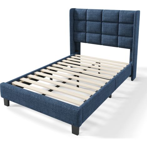 Lit simple 90x200 cm avec tête de lit capitonnée, sommier à lattes, tissu en lin bleu, cadre rembourré – Matelas non inclus