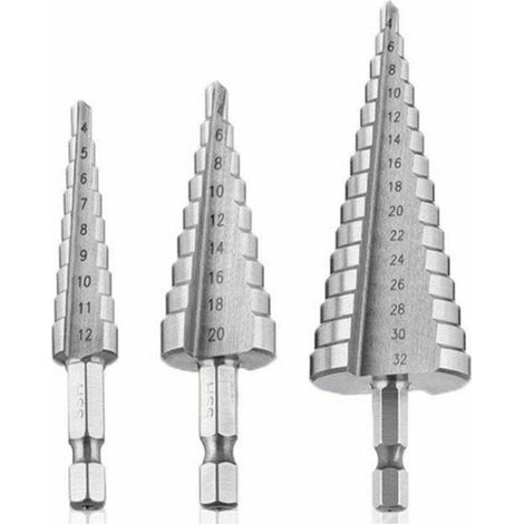Foret Etagé, Foret Fraise Metal HSS 3PCS SKU00468 Meche Etage Perceuse Acier Fraise Forage Conique Triangle (1/4)