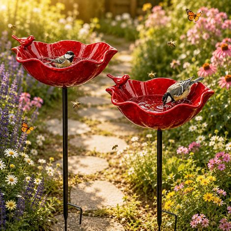 Bain d'oiseaux décoratif en métal – Piquet de jardin 60 cm – Abreuvoir pour oiseaux, abeilles et papillons – Résistant à la pluie et au soleil (2 pièces) (1/4)