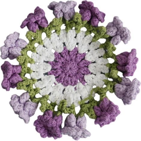 Sous-verre isolant thermique tissé à la main, tapis de table pratique, dessous de tasse, motif floral coloré au crochet, accessoires de cuisine violet (1/5)