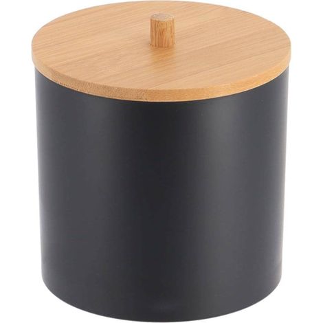1 Boîte De Rangement Coton Et Coton-tiges, Ps Noir, Couvercle Bambou, Pour Salle De Bain