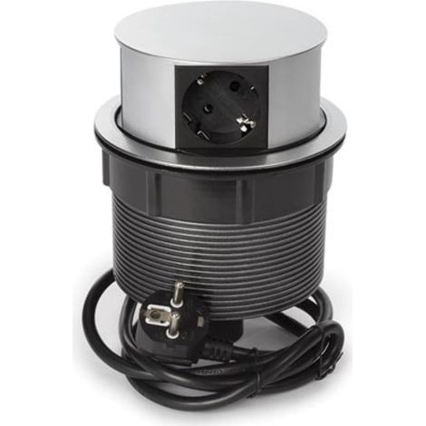 Perel Eingebaute Pop-up-Steckdose, 4 Schuko Typ F Steckdosen mit Kindersicherung, Schwarz-Grau Aluminium, 1,4 m Kabel, IP20, 16 A 3680 W, für Küche, Büro oder Arbeitsplatte