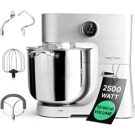 ProfiCook® Robot da cucina con ciotola XXL da 12 litri  Impastatrice con motore Longlife da 2500W  Ingranaggi in metallo e display a LED  Food Processor per impasti fino a 8,5 kg  PC KM 1254