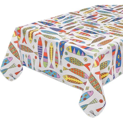 Nappe Cuisine  Antitache Bordée Coton Écru Plastifiée Lavable Motif Poisson Multicolore - 120x160 Cm