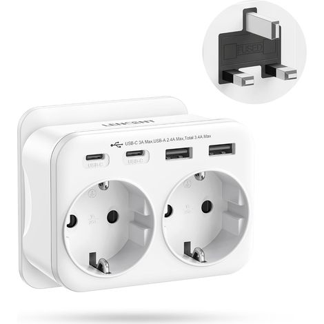 Adaptateur Prise Européenne vers Anglaise UK Angleterre 2 Ports USB et 2 Port USB-C adapté à Irlande, Royaume-Uni, Écosse, électrique UK vers Europe, Type G (1/5)
