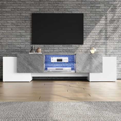 Meuble TV 180x40x46.5cm, Banc TV moderne avec LED Bluetooth contrôlable par App pour salon télévision de 60 à 70 pouces, Blanc et Gris (1/5)