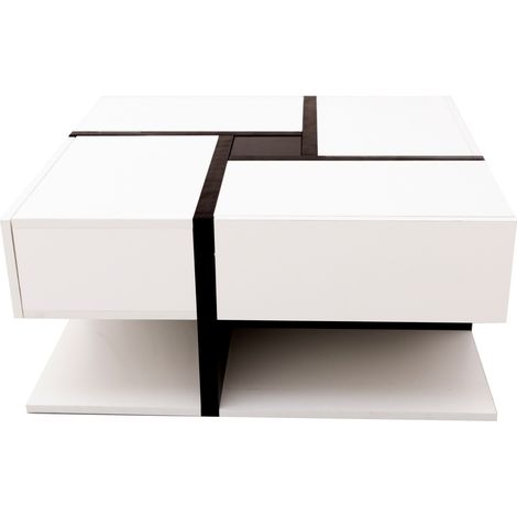 Table basse carrée en panneau de particules 78x78x36 cm avec 4 tiroirs et finition laquée blanche et noire (1/5)