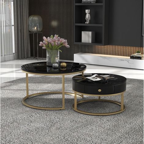 Set di 2 tavolini da salotto rotondi 70x70x48/50x50x43.5 cm nero in MDF con finitura lucida effetto marmo impilabili (1/5)