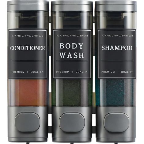 Distributeur de Savon Mural 3 en 1, Distributeur de Gel Douche, Aucun poinçonnage requis, adapté au shampoing, après-shampooing, Cuisine, hôtel (Gris) (1/5)