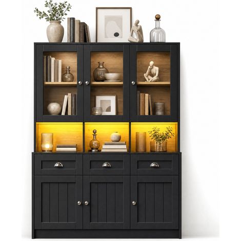Credenza da cucina 140 x 40 x 175 cm in MDF nero con LED HAVRYA (1/5)