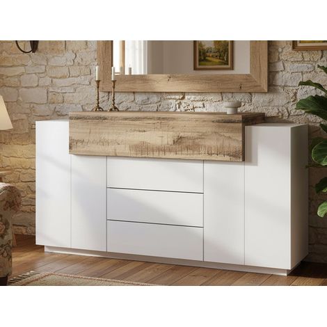 Dmora Aparador moderno, Aparador de diseño con 3 puertas y 3 cajones, Made in Italy, Mueble para TV, Buffet de salón, 160x45h86 cm, Blanco brillante y Color arce, con embalaje reforzado (1/5)