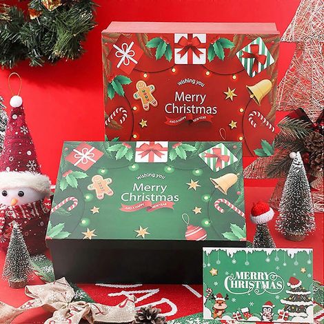 Boîte cadeau de Noël verte avec couvercle 270x210x105mm grande boîte cadeau vide de luxe en carton, fournitures cadeaux pour les fêtes de Noël (rouge et vert) (1/5)