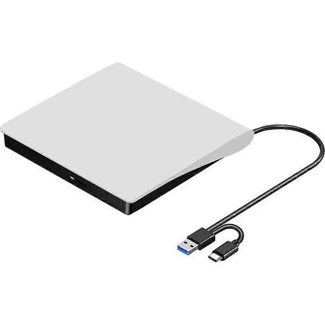 Graveur/réécrivain CD/DVD externe +/-RW, USB 3.0 et USB-C, portable, blanc. (1/5)