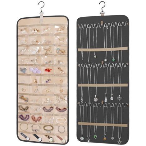 Hanging Jewelry Organizer with 360 Degree Rotating Hanger, Double Sided Necklace Holder Jewelry Chain Organizer with Large Zippered Pockets and Hooks for(83cm/33inch Black) (1/5)