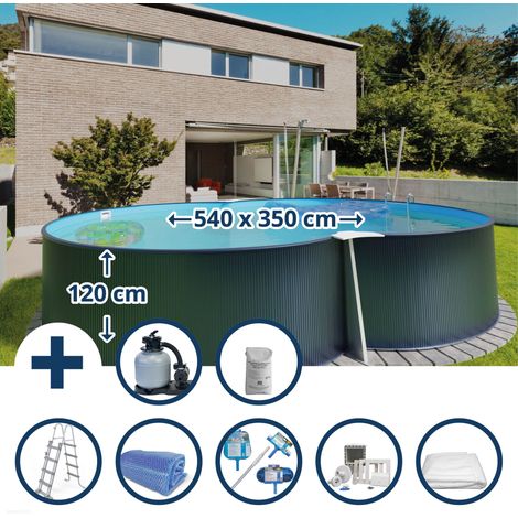 Stahlwandpool Set (8-teilig) hoch achtform 540x350x120 cm, Stahl 0,4 mm anthrazit Folie 0,4 mm blau (1/5)