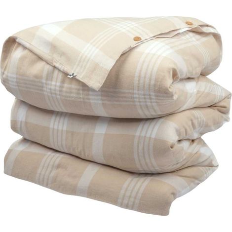 Housse de couette 260x240cm  en flanelle de coton à carreaux marron et bleu - HILDAS