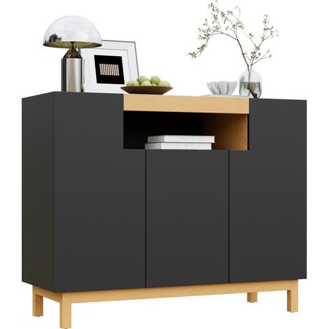 Buffet 3 portes noir et bois, meuble de rangement moderne pour salon et salle à manger (1/5)