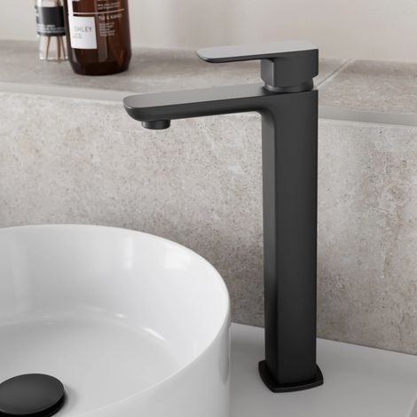 Modern High Rise Tall Basin Sink Mixer Tap Bathroom Single Lever Matt Black (1/5)