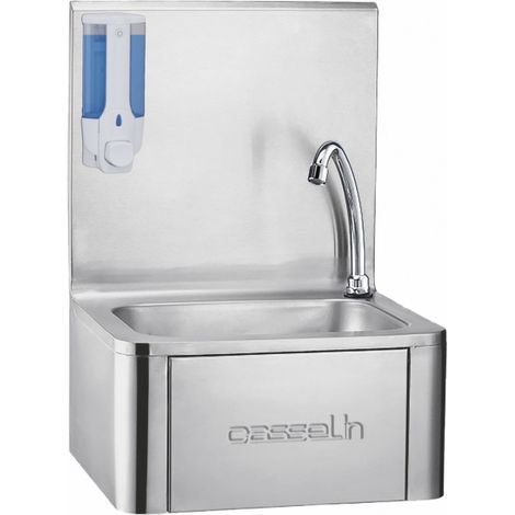 Lave-mains à commande fémorale – Acier inoxydable AISI 304 – Dosseret avec cuve emboutie – Mitigeur réglable avec robinet anti-retour – Casselin (1/3)