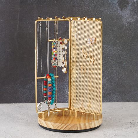 Porte-bijoux rotatif 3-en-1 avec plateau tournant, support pour bagues, boucles d'oreilles, colliers et bracelets, doré, Ø18cm, hauteur 29.5cm (1/4)