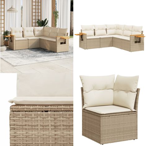 5-tlg. Garten-Sofagarnitur mit Kissen Beige Poly Rattan - Gartensofas - Gartenmöbelset - PE-Rattan Möbel - Outdoor Lounge Set - Balkonmöbel - Home & Living (1/5)