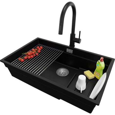 PRIMAGRAN Evier Cuisine en Granit 76x47cm, Lavabo 1 bac + Robinet 40x20cm + Kit de Vidage + Accessoire, Évier à Encastrer au meuble 80cm - Prague Slim, Noir (1/5)